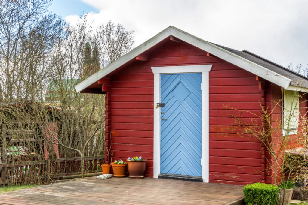 A red tiny home shed built at the yard