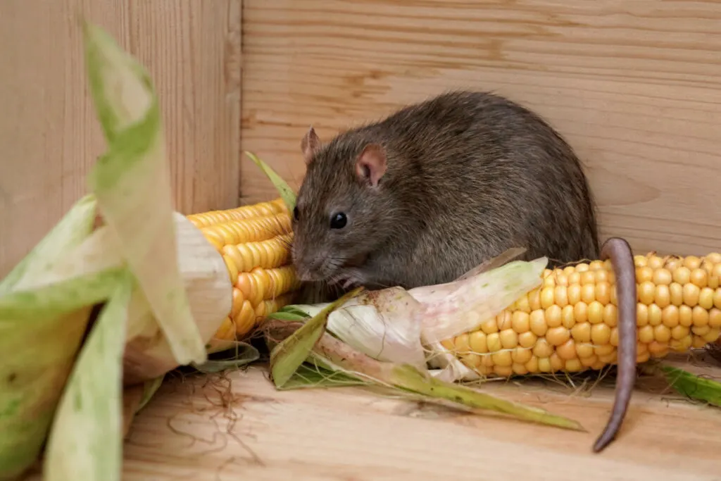 a rat eating corn in a corner of a box
