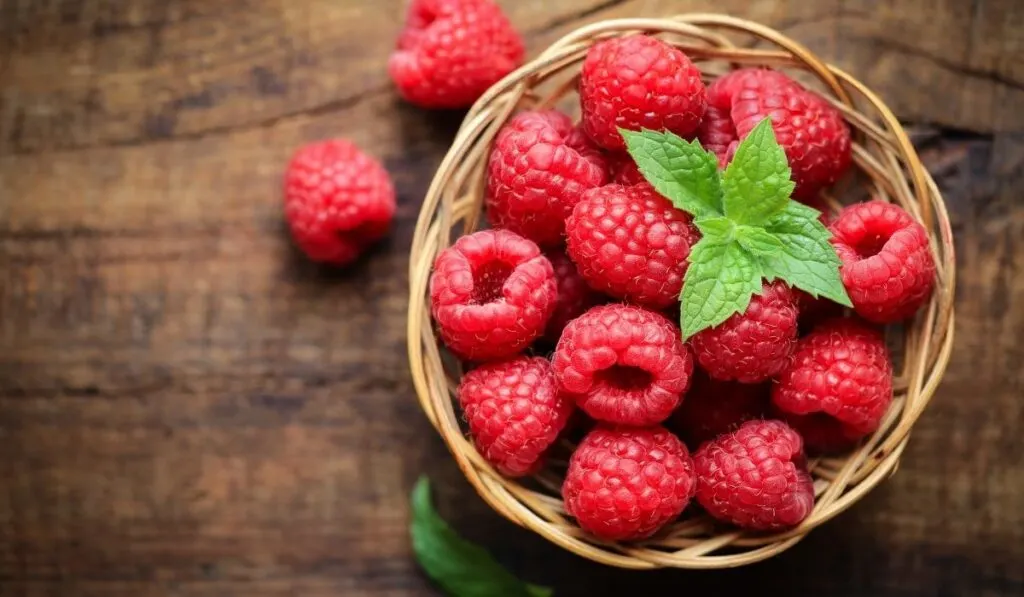 fresh raspberries in a woven basket with a mint leaves on top