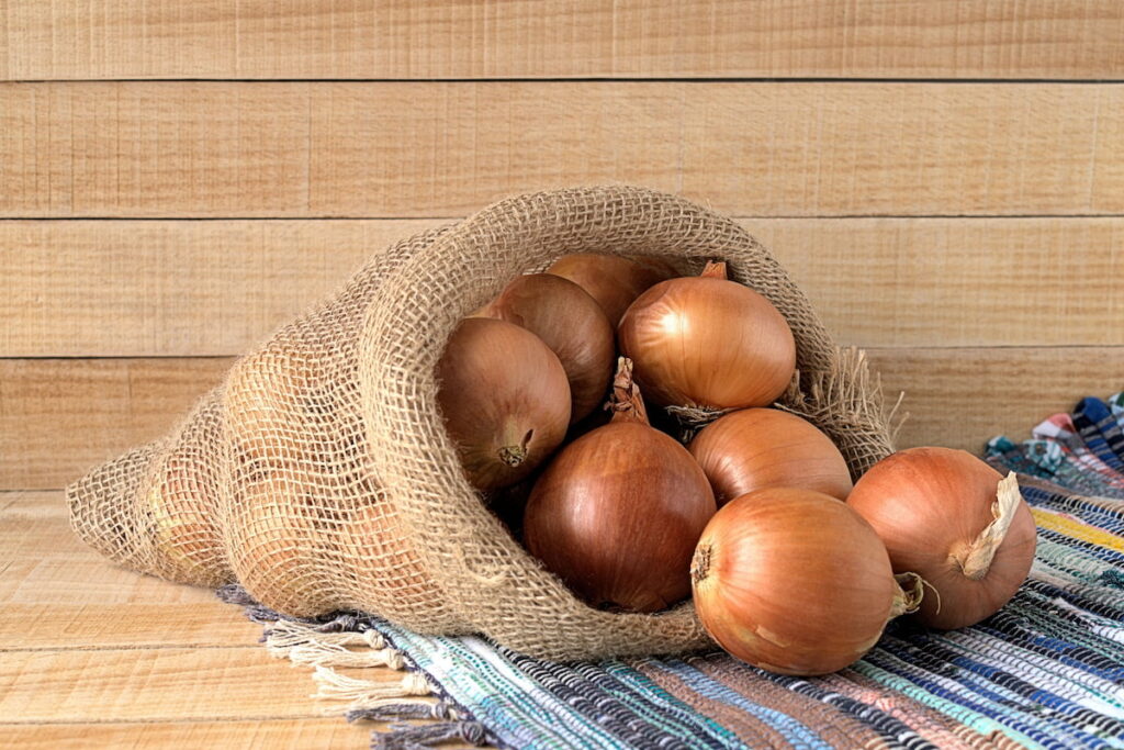 yellow onions in a sack 