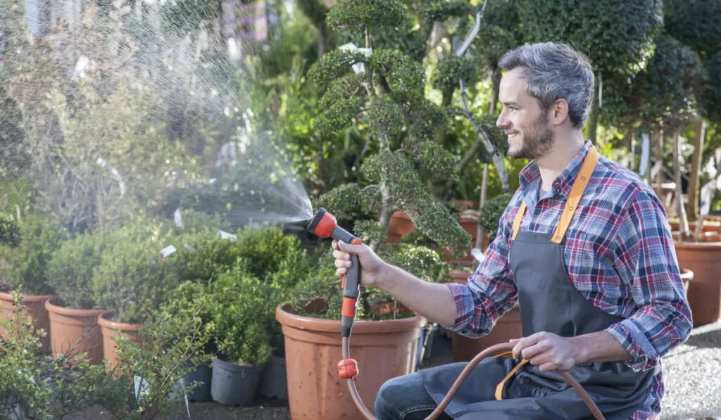 man holding a hose watering all plants 