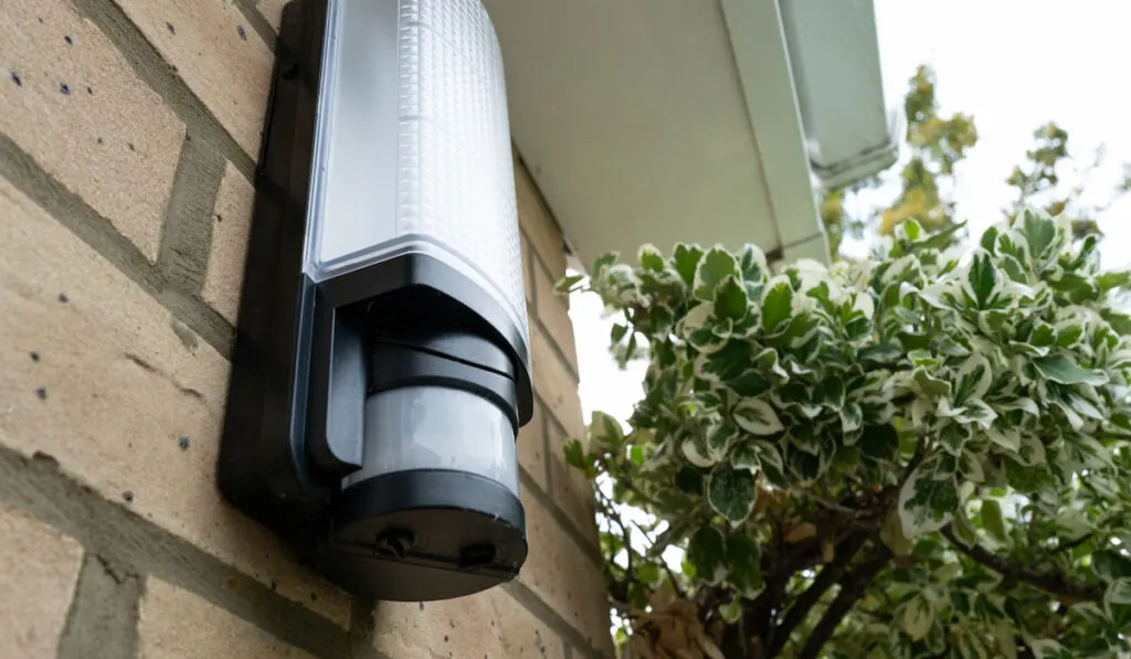 installed Passive Infrared Motion sensor with light attached to an outside wall of a house

