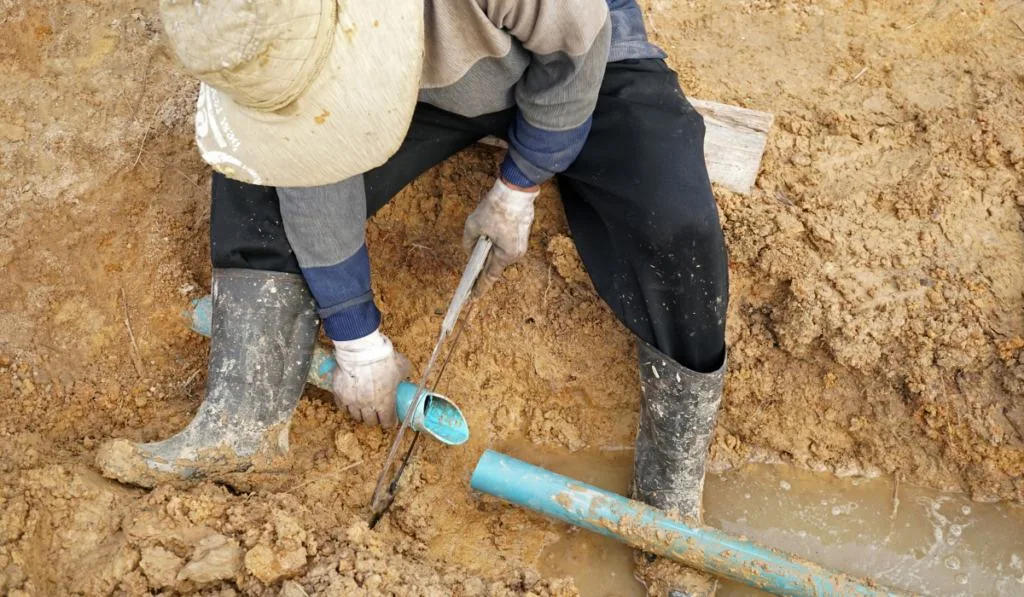 Workers sawing PVC pipe buried in the soil, Plumbing repair broken pipe
