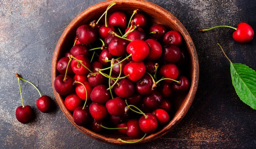 Fresh cherries in wooden bowl on dark background