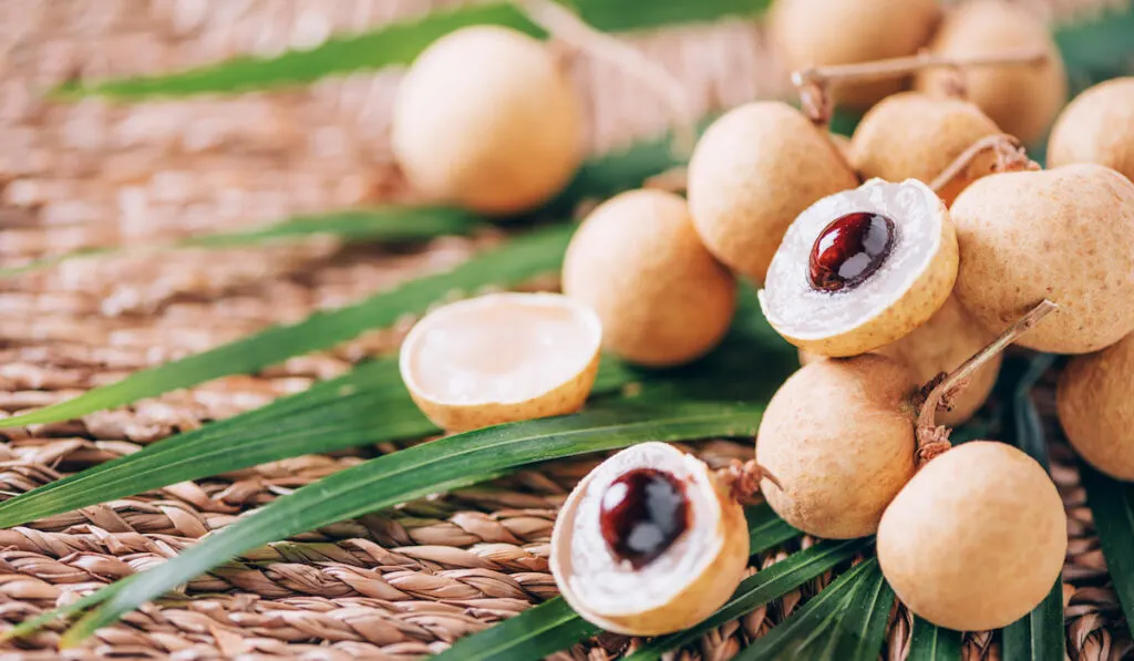 Longan fruits over palm leaves on rattan background