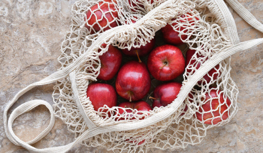 Red Delicious Apples in Eco-friendly reusable string bag tote