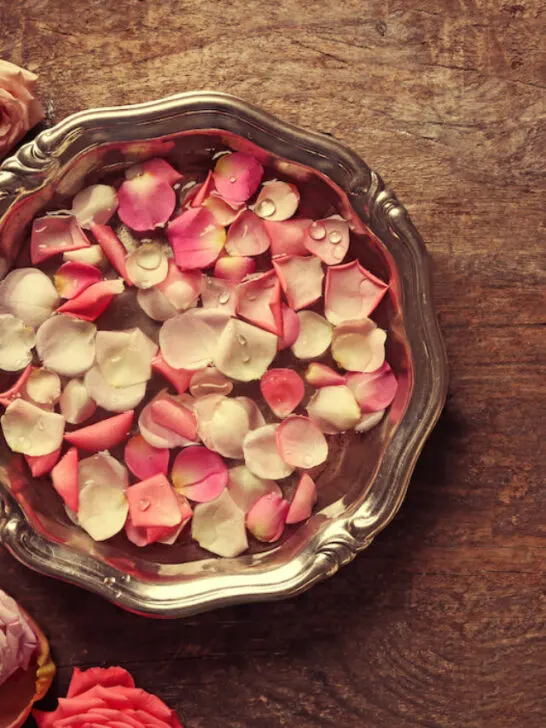 white and pink rose petals on a silver bowl