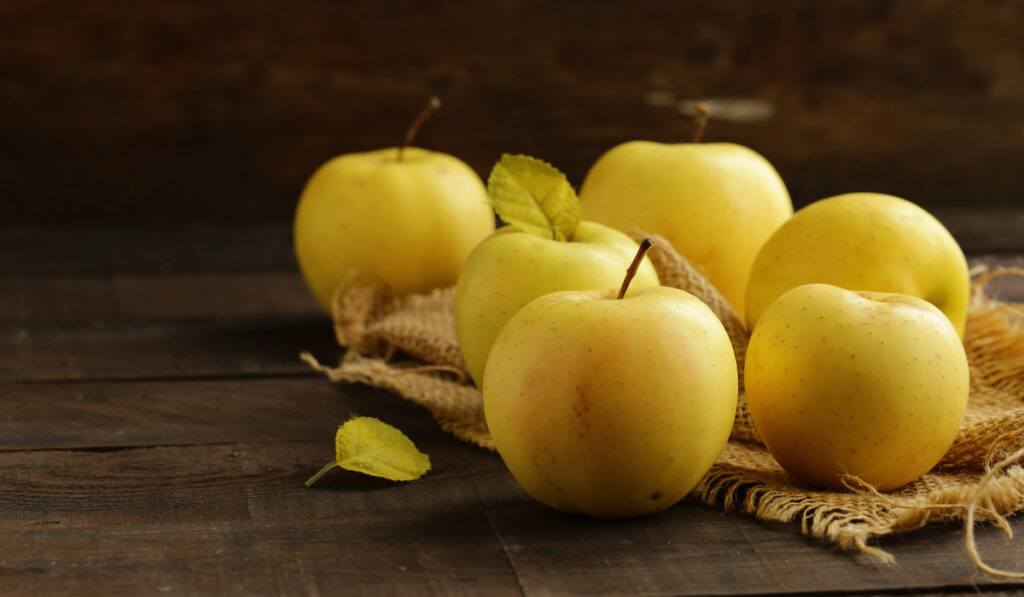 6 ripe yellow organic apples with leaves on wooden table against wooden background