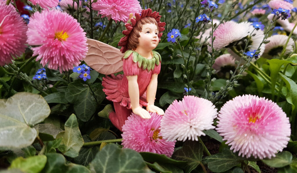 A miniature garden fairy statue near bellis perennis flowers