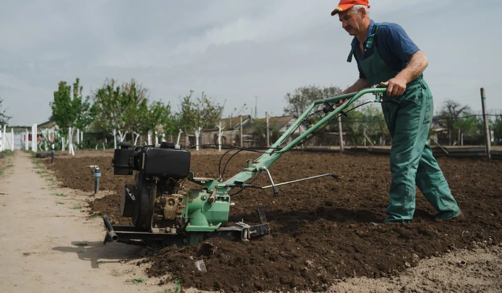 Man working in the garden preparing the soil for spring gardening
