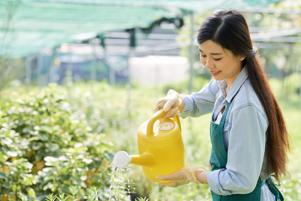 a woman watering plants using yellow sprinkler