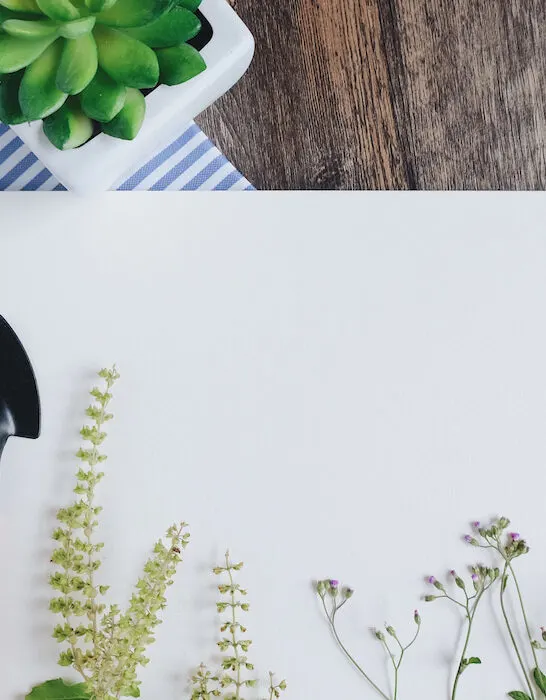 blank notebook with plant and gardening tools