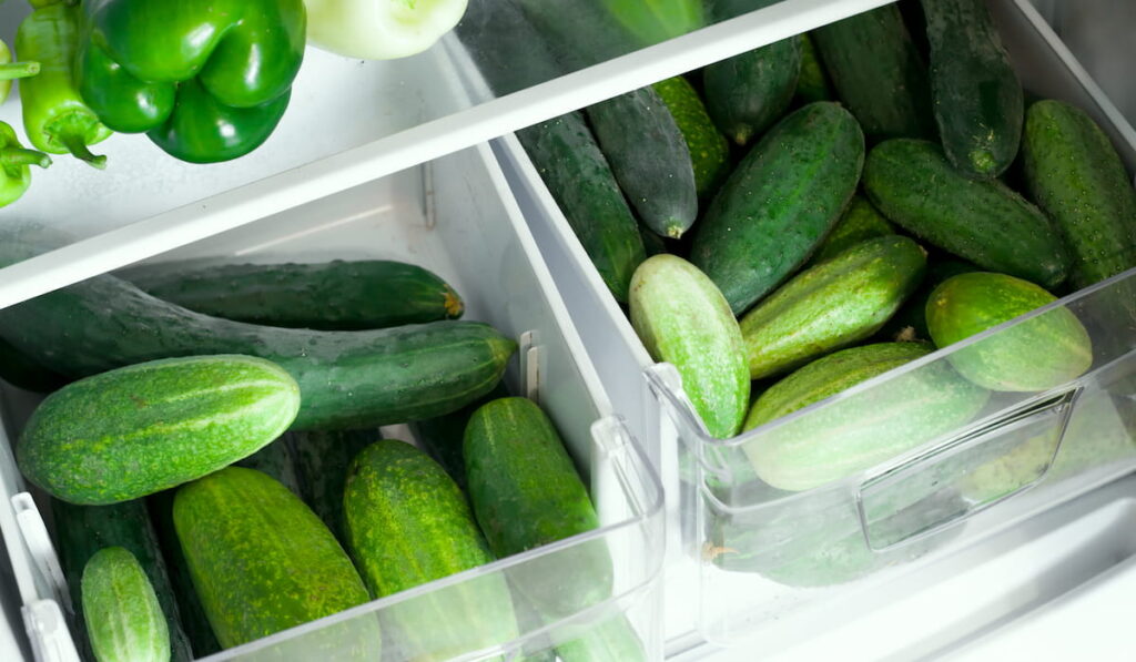 fridge shelves and drawers full of green vegetables and cucumbers