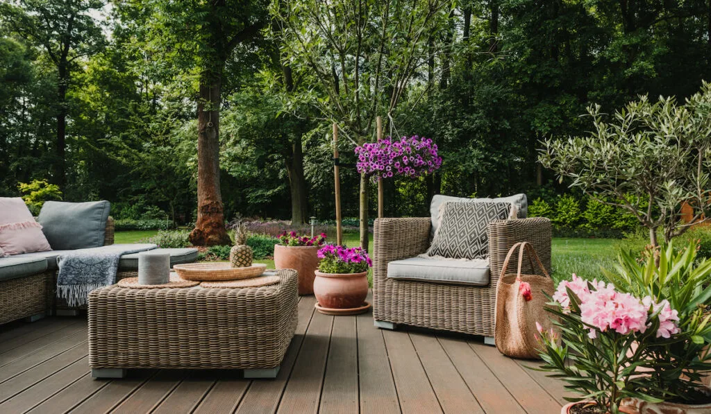 Elegant garden furniture on terrace of suburban home
