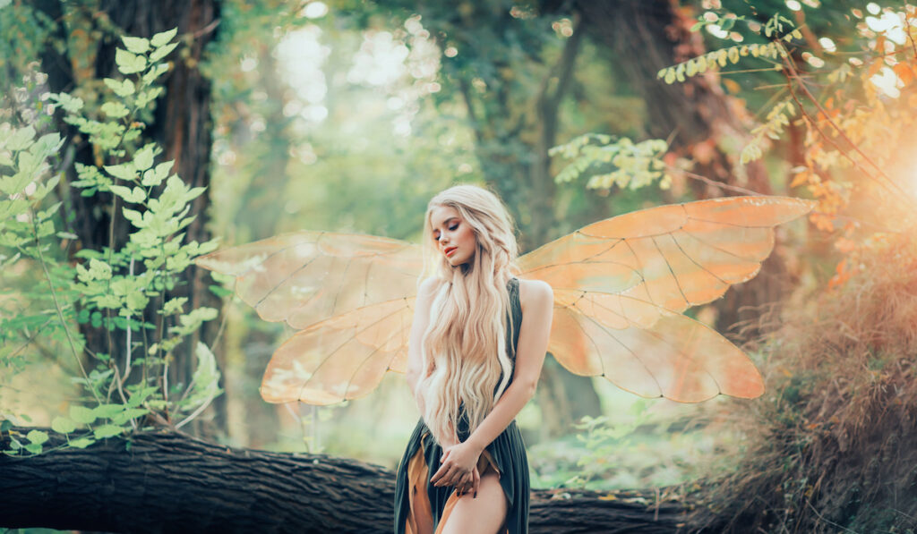 real fairy magic goddess nature transparent wings costume fly dense forest log leaves